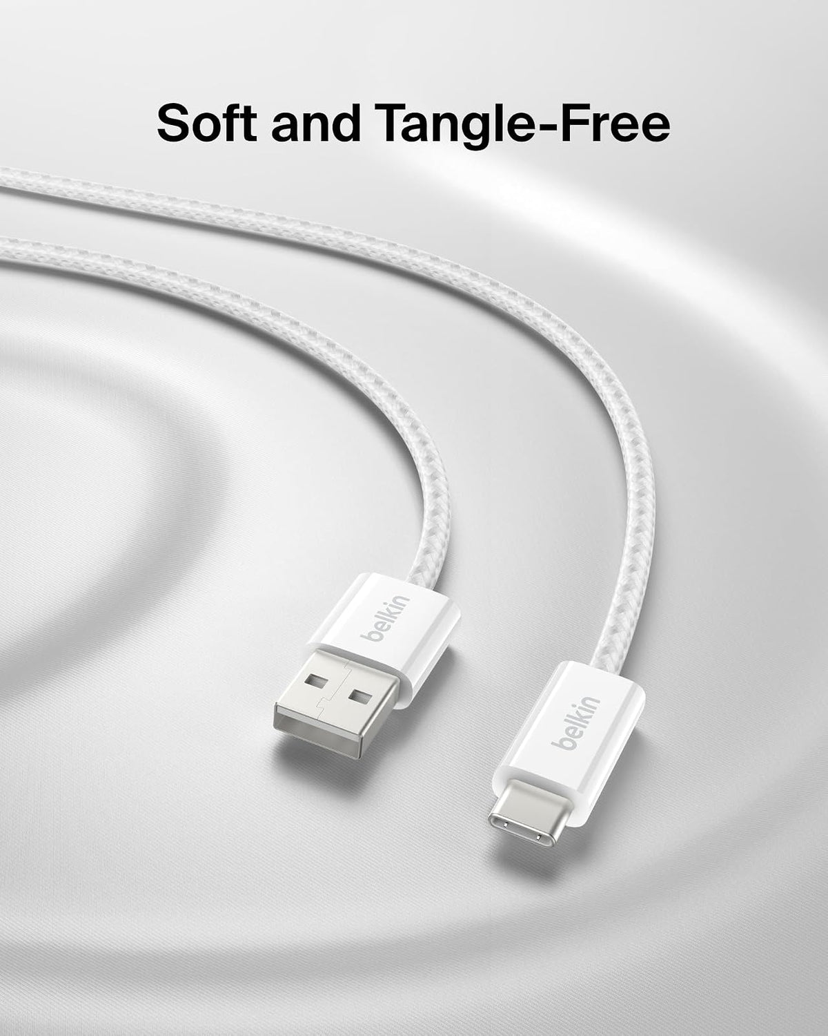Belkin Cable trenzado USB-A a USB-C (1 M, 15 W) - Cable de carga rápida suave y flexible, cable de carga tipo C para iPhone 16 y 15 Series, Galaxy S25, Pixel 9, iPad Pro y más, color blanco (USB 2.0