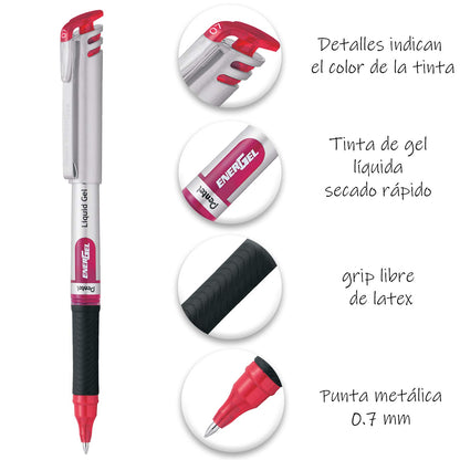 Pentel EnerGel Bolígrafo de Gel Líquido, Punto Fino, 0.7 mm, Cuerpo Plateado, Tinta Negra, Roja y Azul, Paquete con 3 Piezas, BL17BP3-M