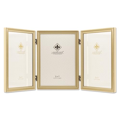 Lawrence Frames 11457T Antique Brass Hinged Triple Picture Frame, Bead Border Design, Golden frame, 5x7 inch