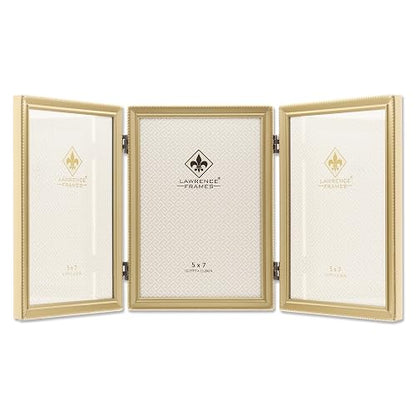 Lawrence Frames 11457T Antique Brass Hinged Triple Picture Frame, Bead Border Design, Golden frame, 5x7 inch