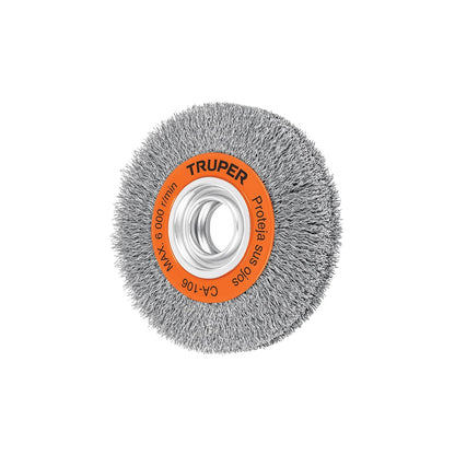 Truper CA-104, Carda para esmeril, de alambre ondulado 6", calibre 0.35 mm, espesor 3/4" - 1 1 - 8"