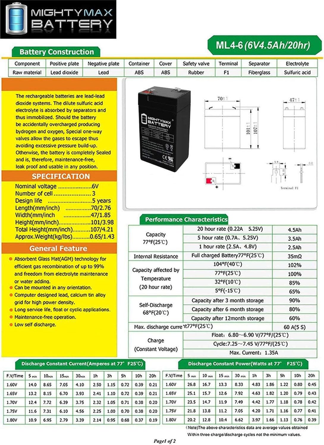 Mighty MAX Battery ML4-6 - 6 V 4.5 AH, Terminal F1, batería Recargable SLA AGM