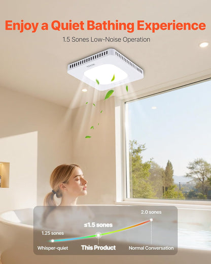 VEVOR Extractor de aire para baño con luz LED, 80 CFM, tres velocidades, 1.5 sones, silencioso, motor de CA premium, ventilador de techo para lavandería, trastero y ventilación del hogar, color blanco