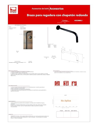 Dica 4552BRR.2 Brazo para Regadera a Pared con Chapetón, Brazo para Ducha de Acero Inoxidable 40 cm, Acabado Negro Mate
