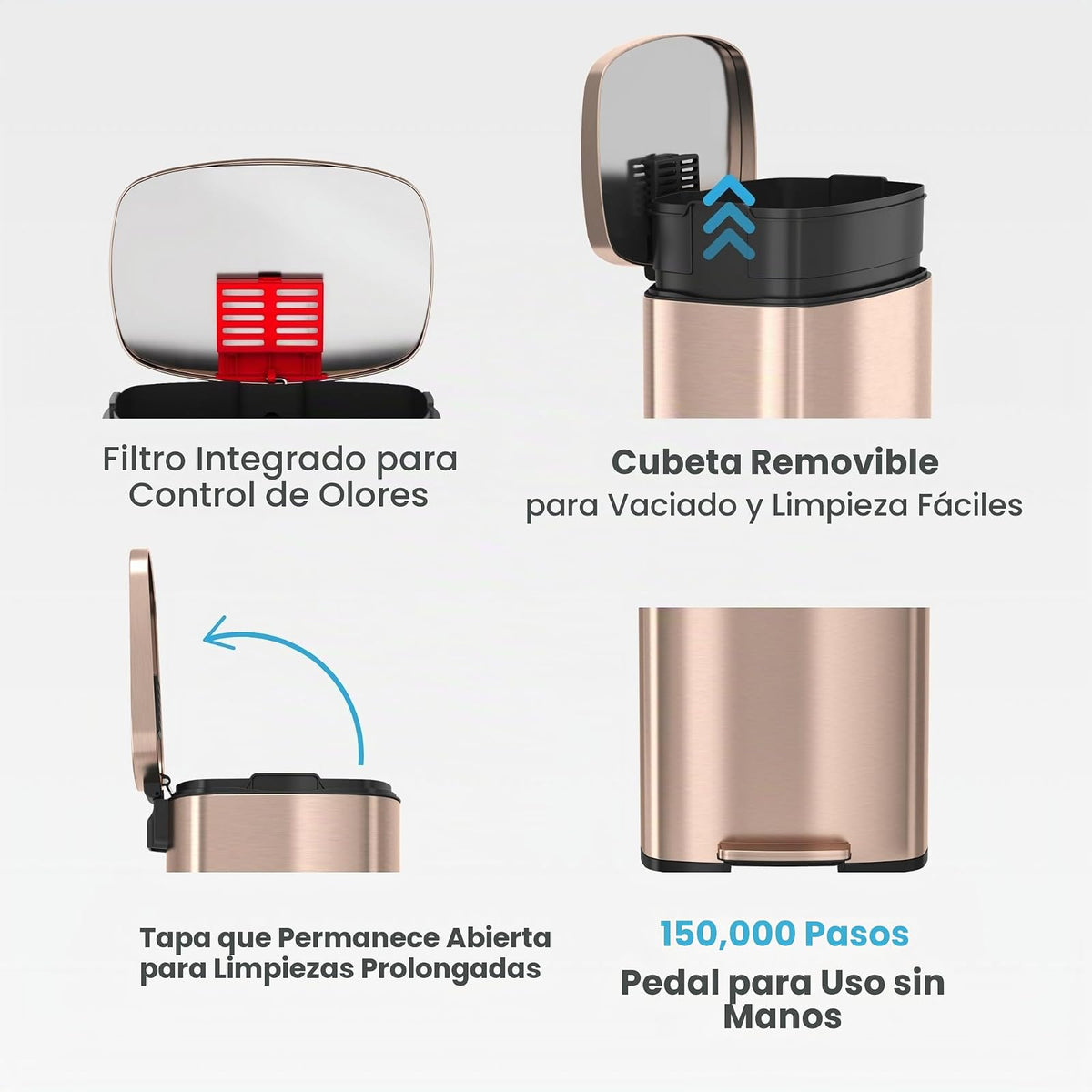 ITouchless - Cubo de basura SoftStep de 13.2 galones con filtro de olor, cubo de basura con pedal de acero inoxidable dorado rosa de 50 litros para el hogar