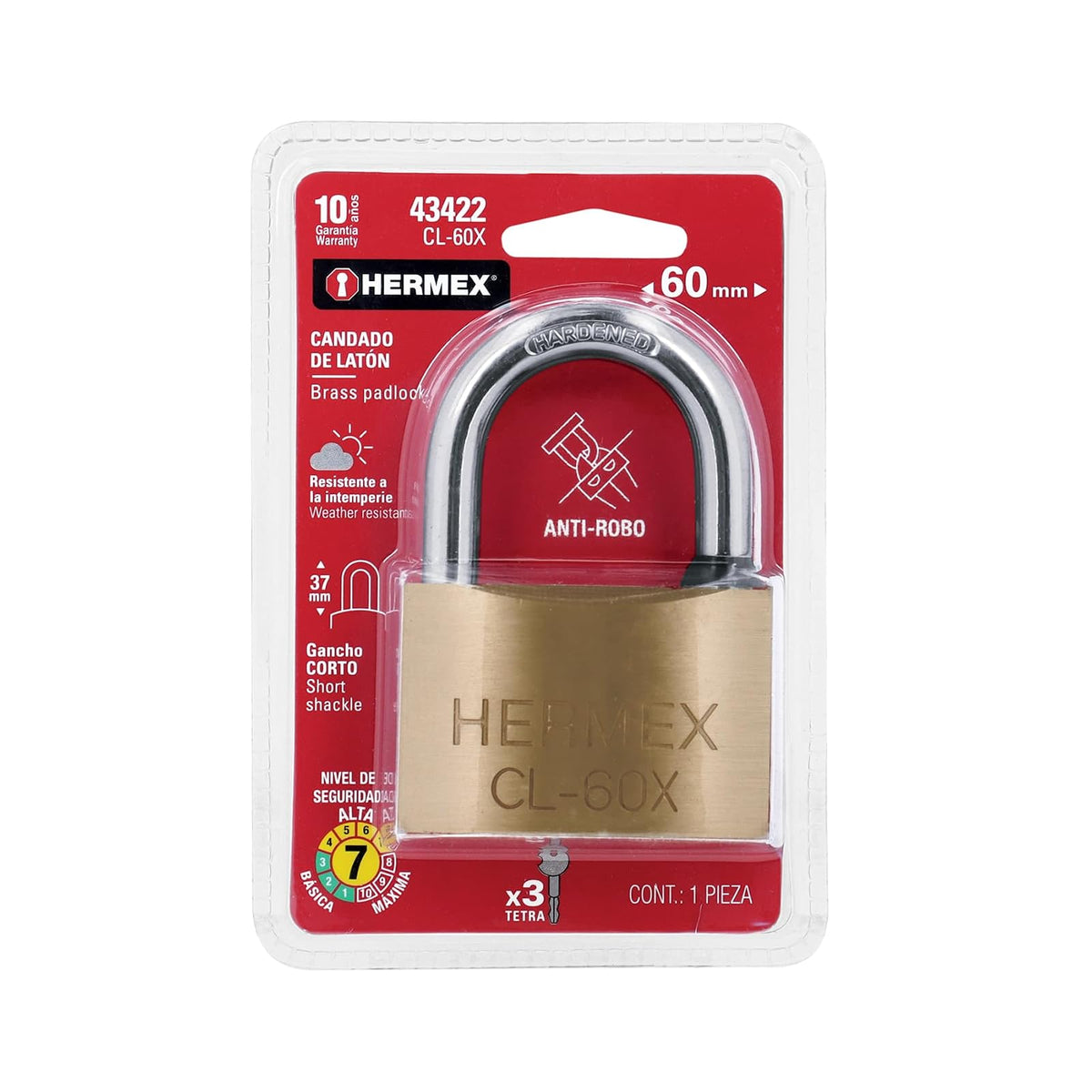 Hermex CL-60X, Candado de latón, 60 mm, gancho corto, llave tetra, blíster