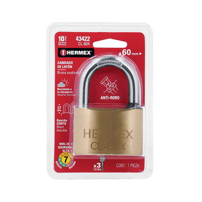 Hermex CL-60X, Candado de latón, 60 mm, gancho corto, llave tetra, blíster