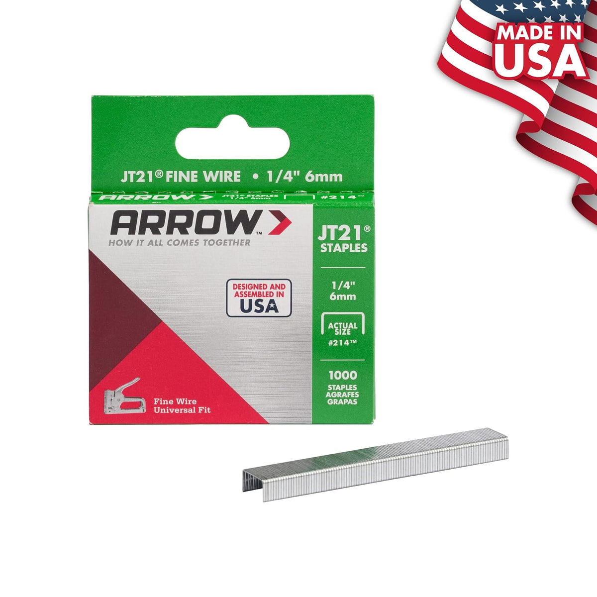 Arrow Fastener Grapas JT21 214 | 1/4 pulgada, caja 1000 grapas, corona plana ancho 7/16 pulgadas