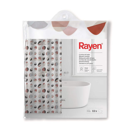 RAYEN | Cortinas de baño | Cortina de Ducha o bañera | Impermeable | PVA | Translúcido | Anillos de PVC | Incluye 12 Ganchos | 180 x 200 cm | Blanco con Cabezales de Colores