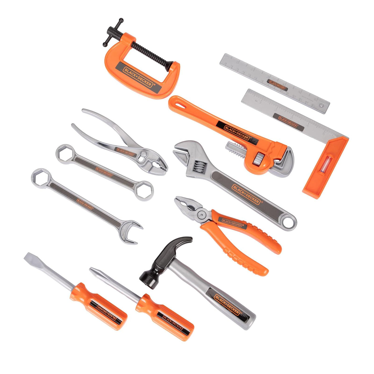 BLACK+DECKER - Juego de bolsas de herramientas para niños, 13 piezas, herramientas de juego de simulación, martillo, destornillador Phillips, alicates, llave ajustable y mucho más Para niños y niñas a