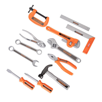 BLACK+DECKER - Juego de bolsas de herramientas para niños, 13 piezas, herramientas de juego de simulación, martillo, destornillador Phillips, alicates, llave ajustable y mucho más Para niños y niñas a