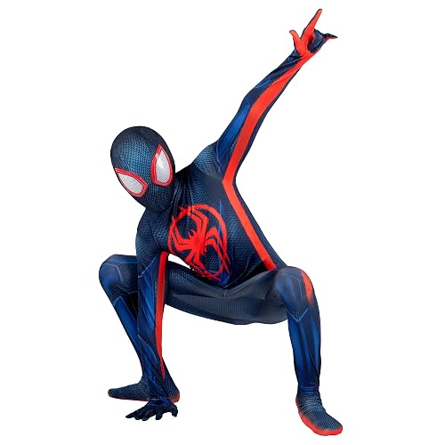 Marvel Miles Morales - Traje Oficial de Zentai Juvenil - Overol de Elastano Estampado y máscara de Elastano Desmontable con Ojos de plástico