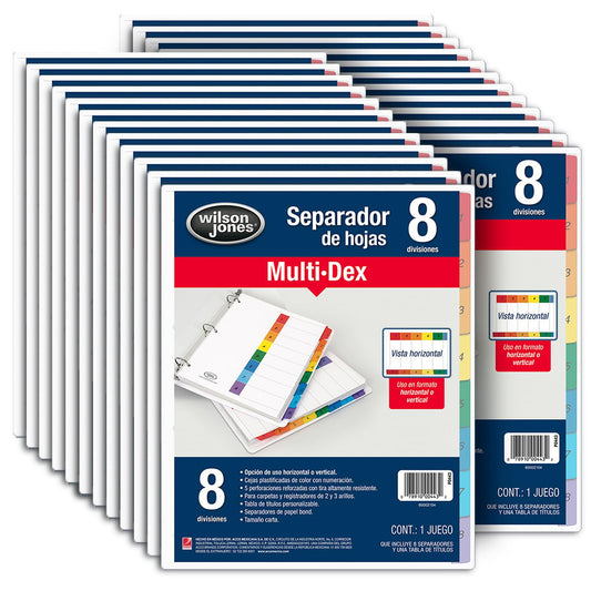 Wilson Jones Separadores Multidex de 8 Divisiones Tamaño Carta, Perforación Reforzada de 5 Orificios para Carpeta de 2 y 3 Argollas, Paquete Mayoreo de 24 Juegos. P0443