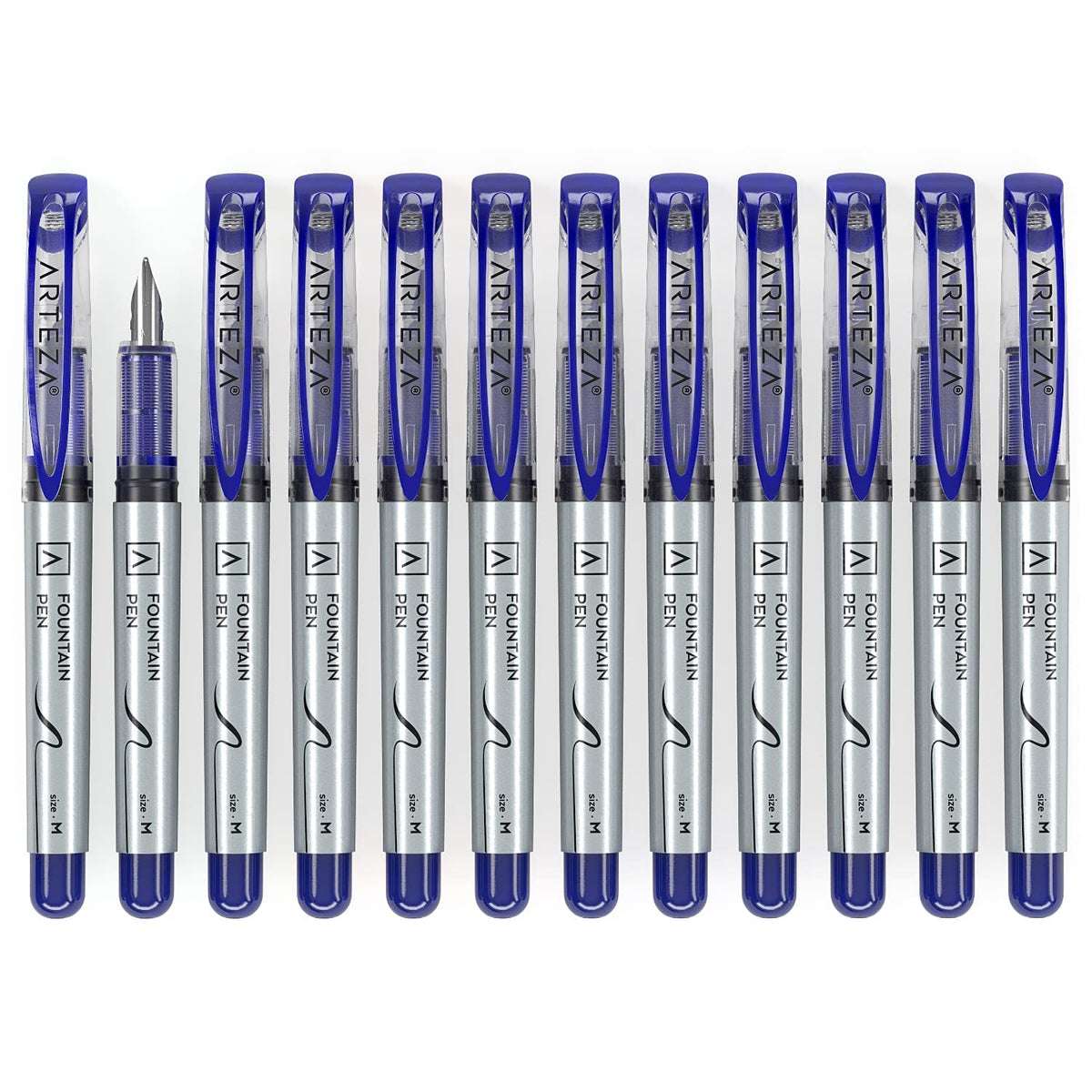 ARTEZA Plumas estilográficas desechables, paquete de 12, punta mediana de 0,9 mm, bolígrafo de tinta azul de secado rápido, suministros de arte para profesionales, estudiantes y aficionados