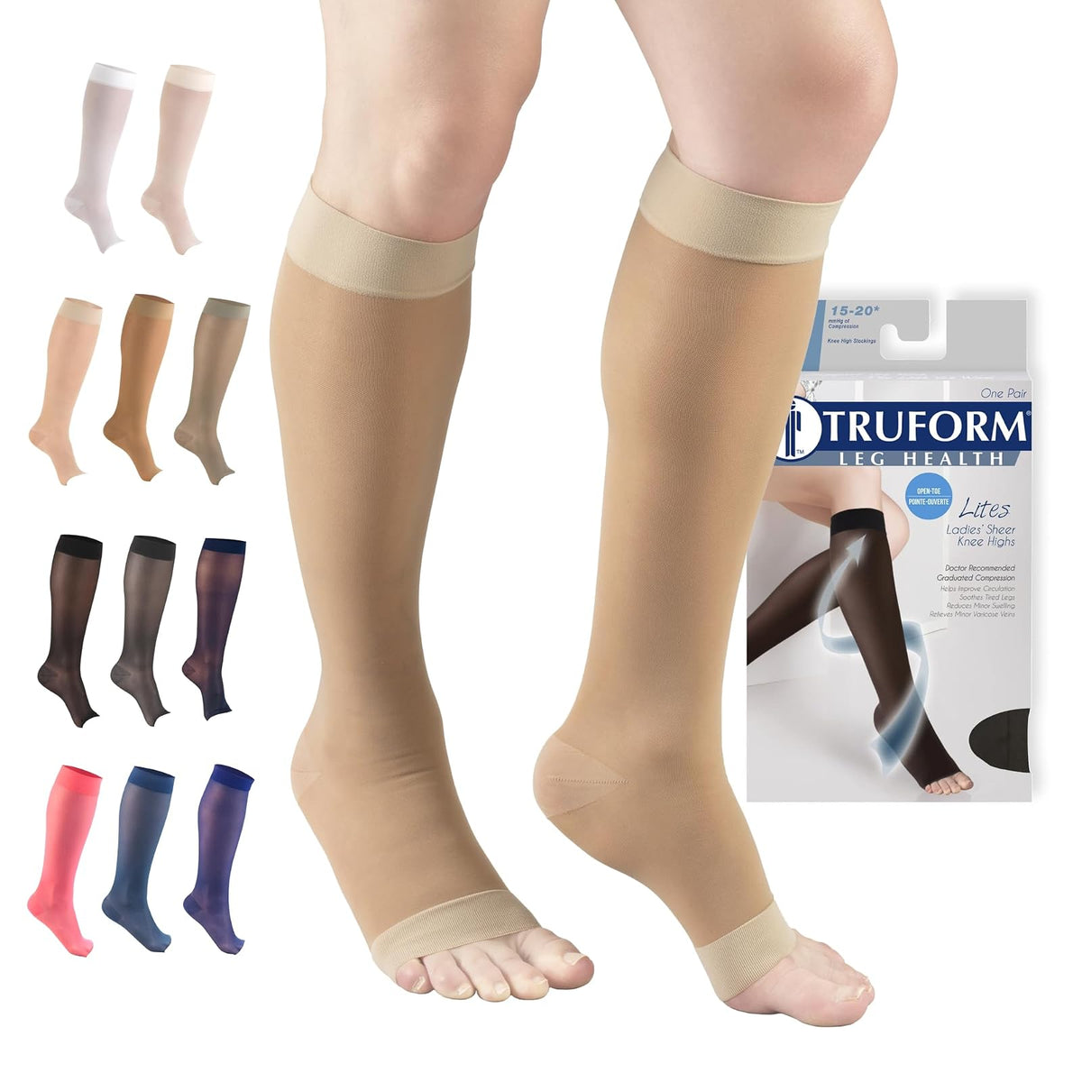 Truform Medias de Compresión 15-20 mmHg hasta la Rodilla, Punta Abierta - Large - Light Beige
