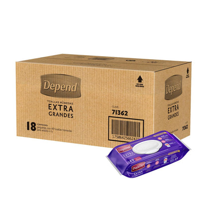Depend Toallas Húmedas para Incontinencia, Caja con 756 toallas (18 paquetes de 49 toallas c/u), hipoalergénicas, extra grandes y sin alcohol