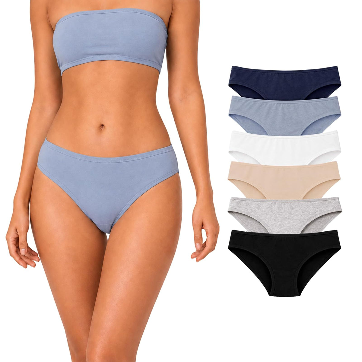BODYcontrol Pantaletas Bikini de Algodón para Mujer - XL - BLANCO - NEGRO - GRIS - MARINO - AZUL - NUDE - SET 6