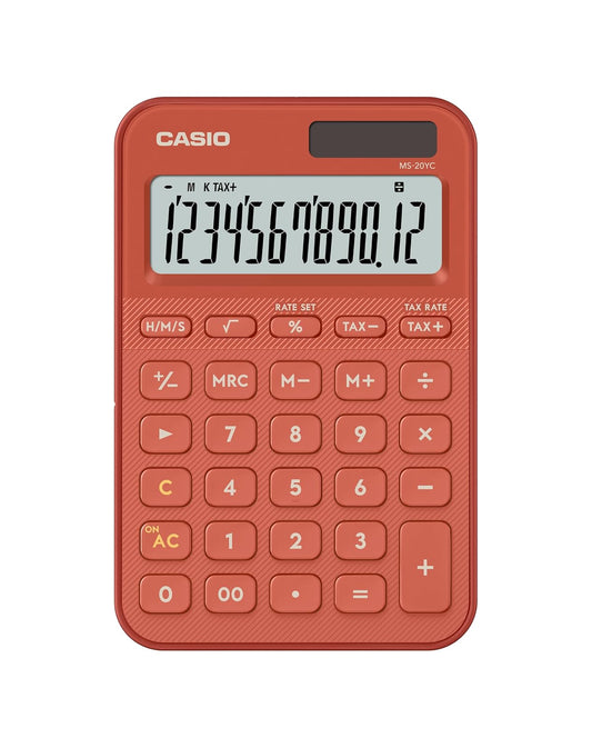 Casio Calculadora de Escritorio MS-20YC-RD, Color Rojo, Pantalla Extra Grande 12 Dígitos, Solar y Pila