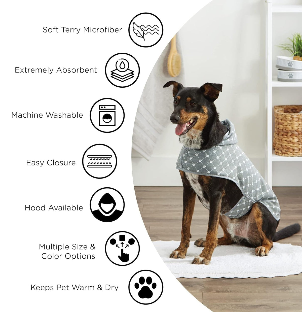 Bone Dry Colección Pet Robe - Bata de baño de Microfibra Absorbente Bordada con Cierre Ajustable, para Perros y Gatos, Talla M, Color Aguamarina