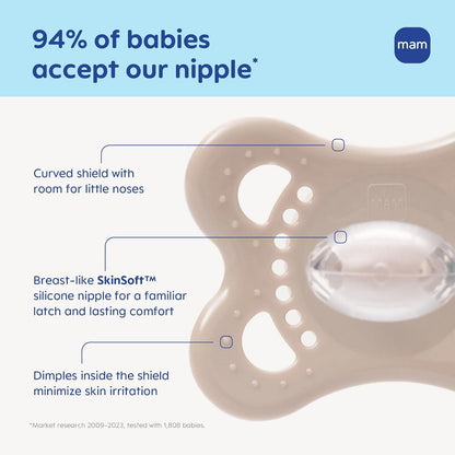 MAM - Chupones originales mate para bebé, Binky para niñas de 0 a 6 meses, pezón de silicona sin BPA, fácil de limpiar, mejor para bebés lactantes, desarrollado con expertos médicos, 4 unidades