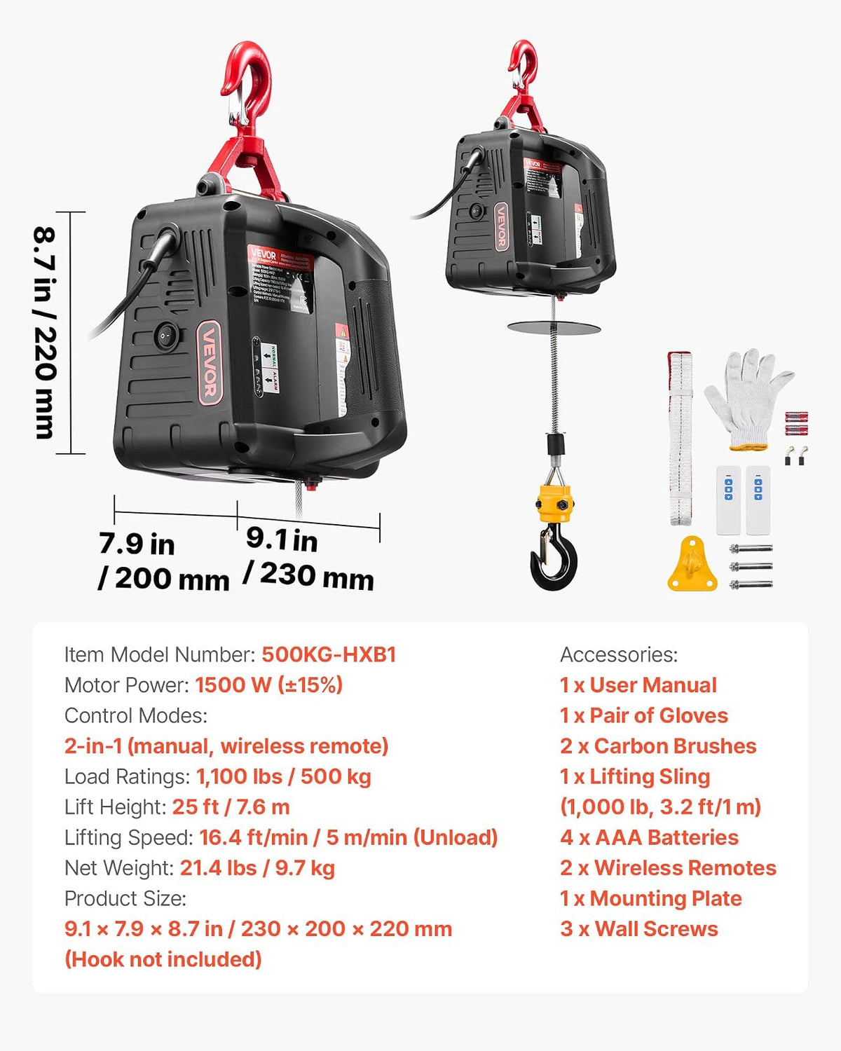 VEVOR Cabrestante eléctrico 2 en 1, capacidad 1100lb, grúa portátil de 1500W, altura de elevación de 25 pies, 16,4 pies/min con control remoto manual e inalámbrico para fábricas, almacenes y garajes