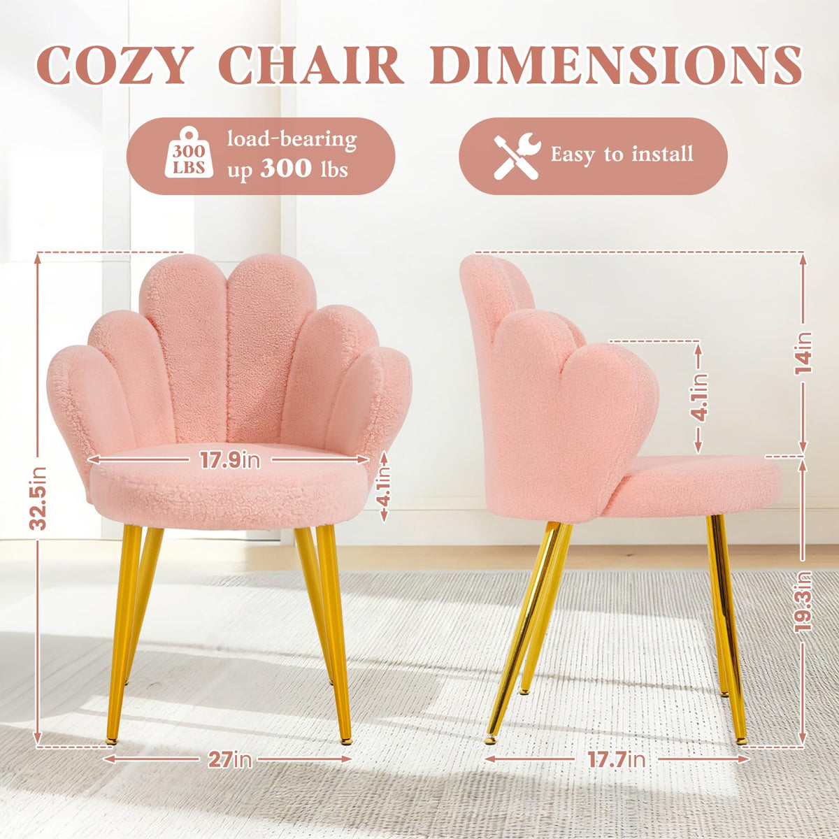 WAYTRIM - Silla de Cambiador Rosa con Respaldo para Maquillaje, Asiento de Cambiador, Silla de computadora para niñas con Patas Doradas adecuadas, Silla de diseño de pétalos de Flores para recámara