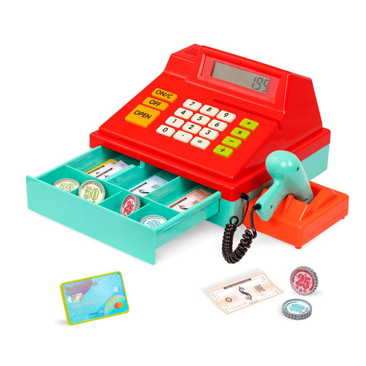 Battat - Caja registradora de Juguete roja con calculadora y escáner | Juego de 49 piezas con caja registradora, escáner, tarjeta, 6 monedas y 40 billetes; juego de compras y conteo; 3 años y +