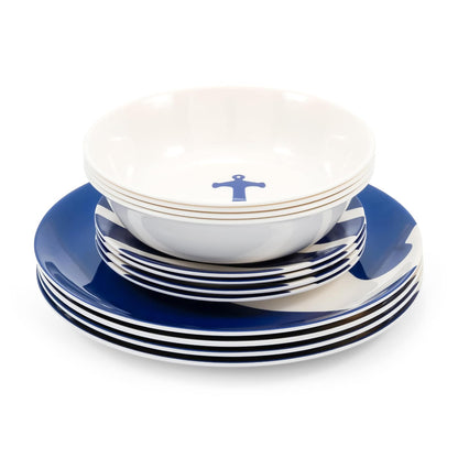 Camco 41951 Juego de Vajilla de Melamina Diseño Náutico 12 Piezas, Azul y Blanco