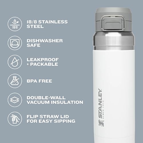 Stanley Quick Flip GO - Botella de agua de 24 onzas, tapa de botón a presión, a prueba de fugas y plegable para viajes y deportes, acero inoxidable aislado, sin BPA, cuarzo rosa