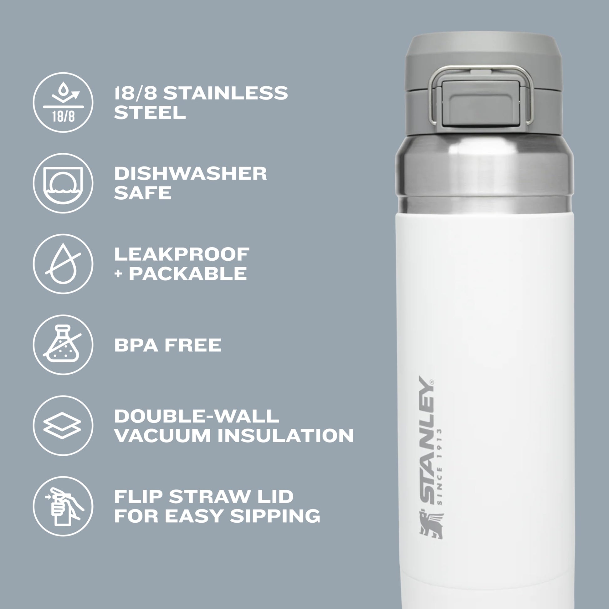 STANLEY Quick Flip GO - Botella de agua de 30 onzas, tapa de botón a presión, a prueba de fugas y plegable para viajes y deportes, acero inoxidable aislado, sin BPA, cuarzo rosa