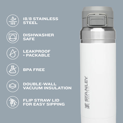 STANLEY Quick Flip GO - Botella de agua de 30 onzas, tapa de botón a presión, a prueba de fugas y plegable para viajes y deportes, acero inoxidable aislado, sin BPA, cuarzo rosa