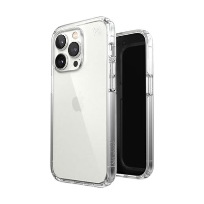 Speck Presidio Perfect Clear Funda Compatible con iPhone 14 Pro, Protección Caídas 4m, Bisel Elevado, Protección Antimicrobiana - Transparente