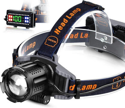 MIAOKE 100000 lúmenes LED Recargable para Senderismo, Camping, Caza, Faros súper , zoomable, Pantalla de alimentación Digital, 4 Modos de luz Ajustable Impermeable con Rojo