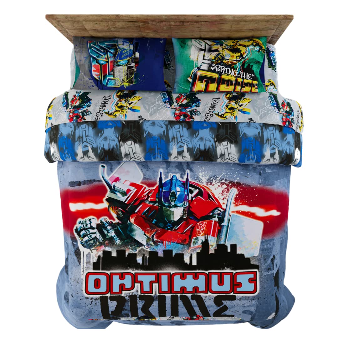 Franco Transformers Battle in Brooklyn Optimus Prime - Juego de edredón y sábanas súper Suaves para niños con Funda, 5 Piezas de tamaño matrimonial (Producto Oficial con Licencia)