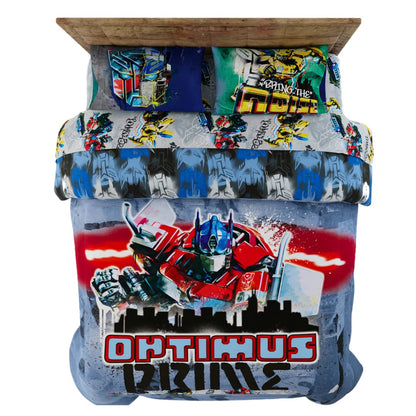 Franco Transformers Battle in Brooklyn Optimus Prime - Juego de edredón y sábanas súper Suaves para niños con Funda, 5 Piezas de tamaño matrimonial (Producto Oficial con Licencia)