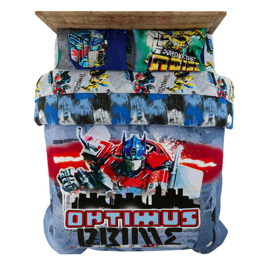 Franco Transformers Battle in Brooklyn Optimus Prime - Juego de edredón y sábanas súper Suaves para niños con Funda, 5 Piezas de tamaño matrimonial (Producto Oficial con Licencia)