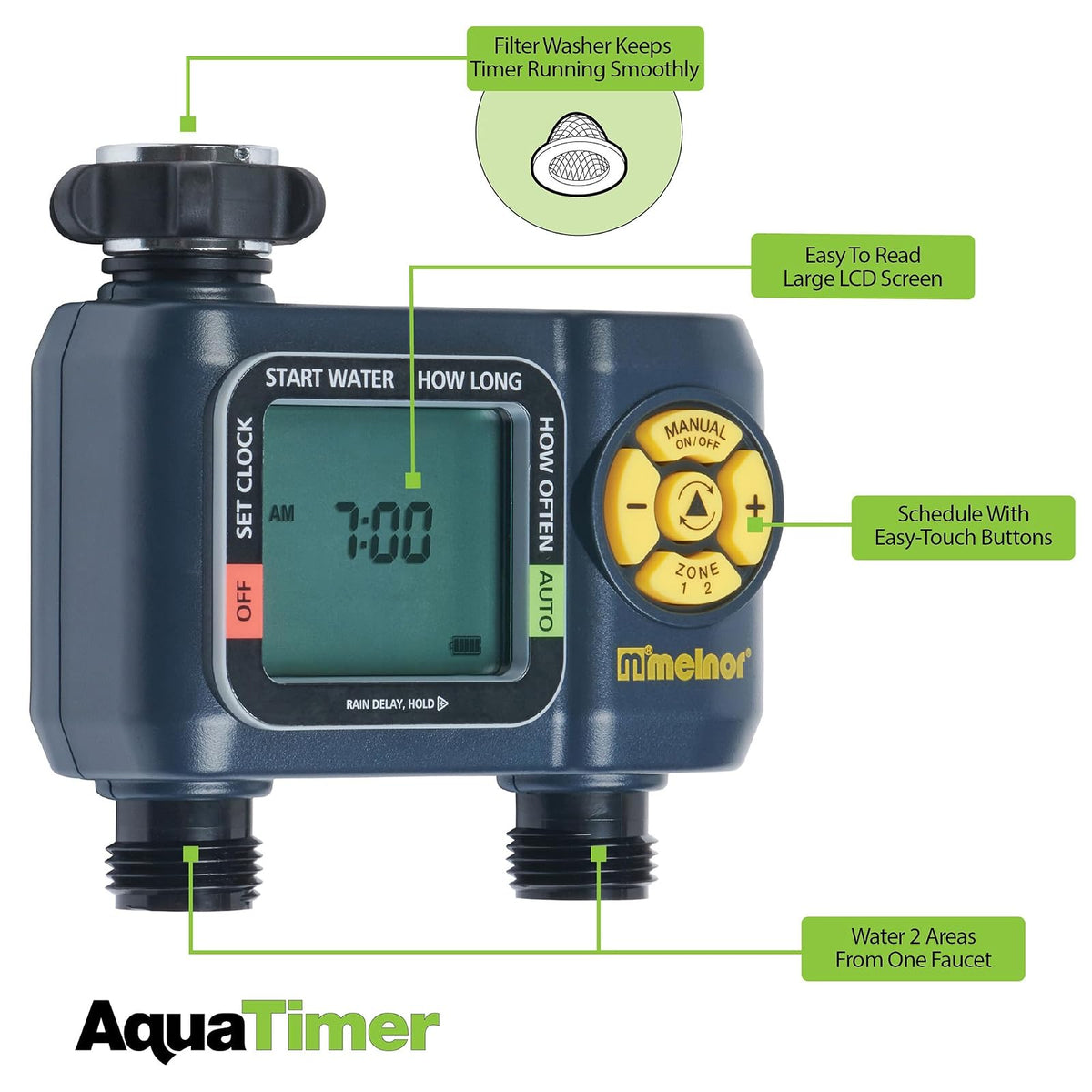 Melnor 65139AMZ AquaTimer - Temporizador de Manguera Digital, Temporizador de riego programable de 2 Zonas, Paquete de conexión rápida, Negro, Amarillo