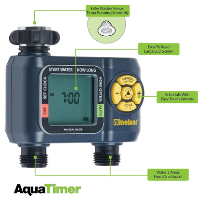 Melnor 65139AMZ AquaTimer - Temporizador de Manguera Digital, Temporizador de riego programable de 2 Zonas, Paquete de conexión rápida, Negro, Amarillo