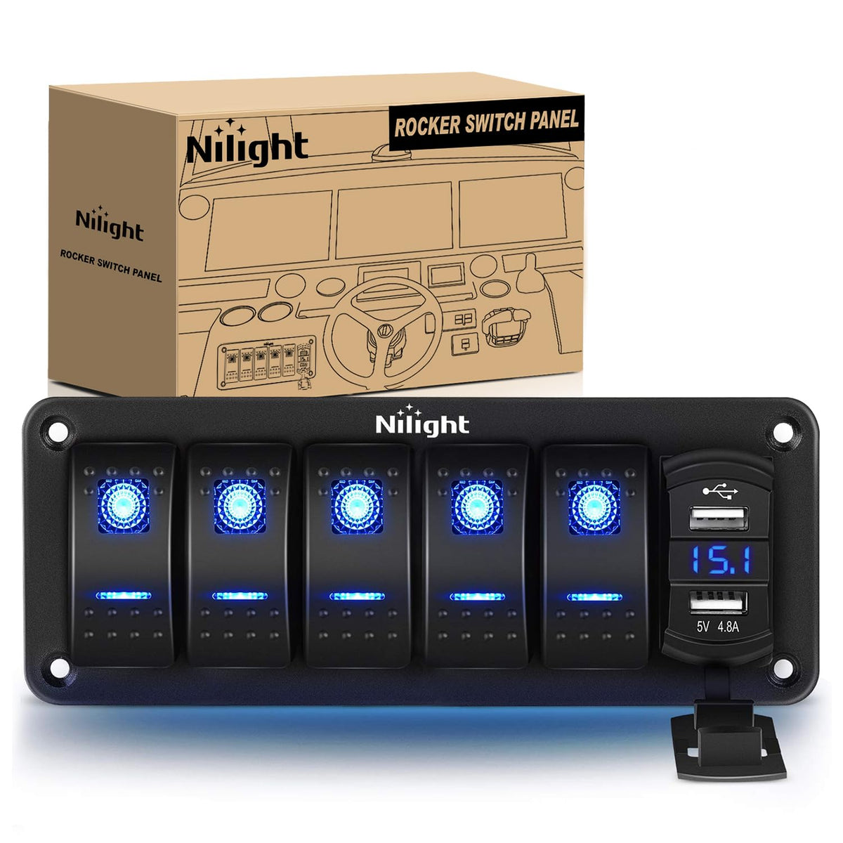 Nilight - Panel de interruptor de 5 bandas con cargador USB dual de 4.8 amperios, voltímetro nocturno, calcomanías impermeables de 12 V 24 V CC para coche, camiones, barcos, vehículos
