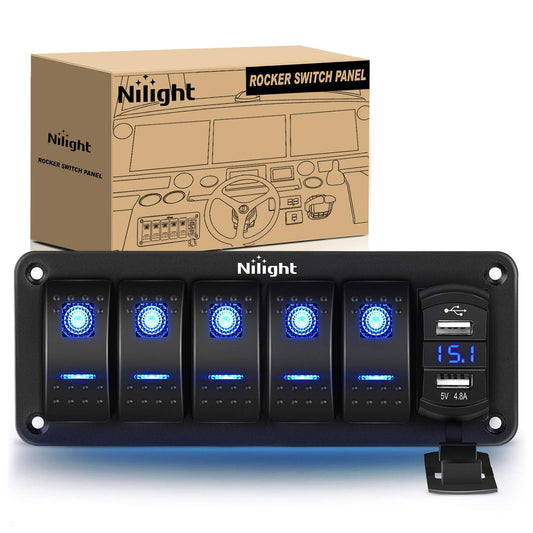 Nilight - Panel de interruptor de 5 bandas con cargador USB dual de 4.8 amperios, voltímetro nocturno, calcomanías impermeables de 12 V 24 V CC para coche, camiones, barcos, vehículos