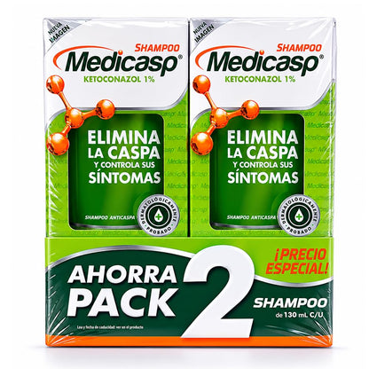 Medicasp Shampoo Anticaspa- 2 PACK- Auxiliar en la eliminación del hongo de la caspa, alivia comezón y ardor, deja el cabello con brillo y suavidad, ideal para uso diario, 2 botellas de 130 ml