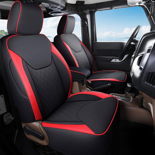 Coverado - Fundas de Asiento para Jeep Wrangler JK JL, Fundas de Asiento de Piel Rojas para Camiones y automóviles, Ajuste Personalizado para Jeep Wrangler 2007-2024, 2 Puertas/4 Puertas (Delantero)