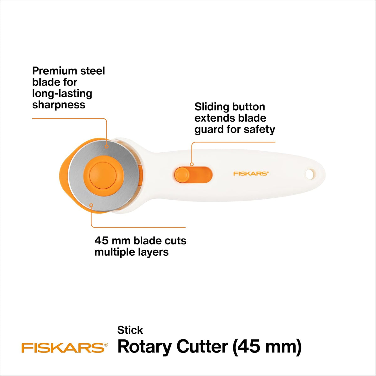 Fiskars - Cortador giratorio de 45 mm para tela, cortador de tela de acero premium que corta a través de múltiples capas, diestros y zurdos, fácil y seguro cambio de cuchillas, artes y manualidades,