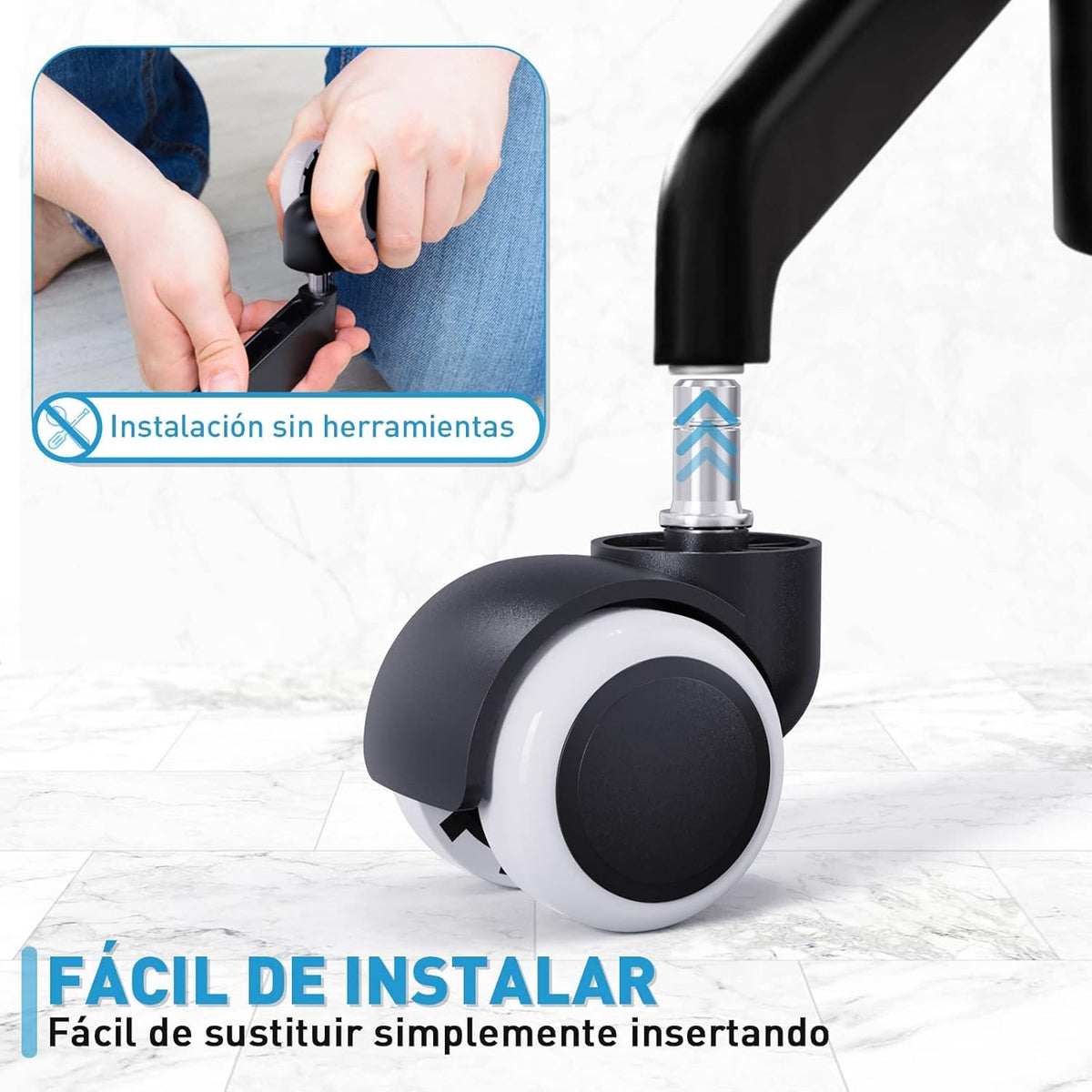 Juego de 5 Ruedas Giratorias Silenciosas para Sillas de Oficina, Ajuste Universal, llantas para silla de oficina de repuesto de 50mm, apto para piso duro
