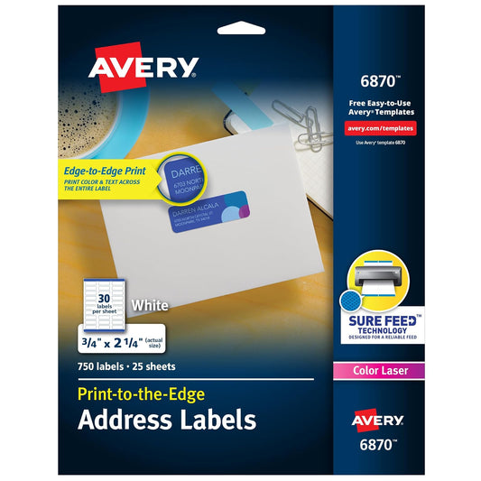 Avery 06870 etiquetas de dirección imprimibles con alimentación segura, 0.75 x 2.25 pulgadas, blancas, 750 etiquetas de correo en blanco