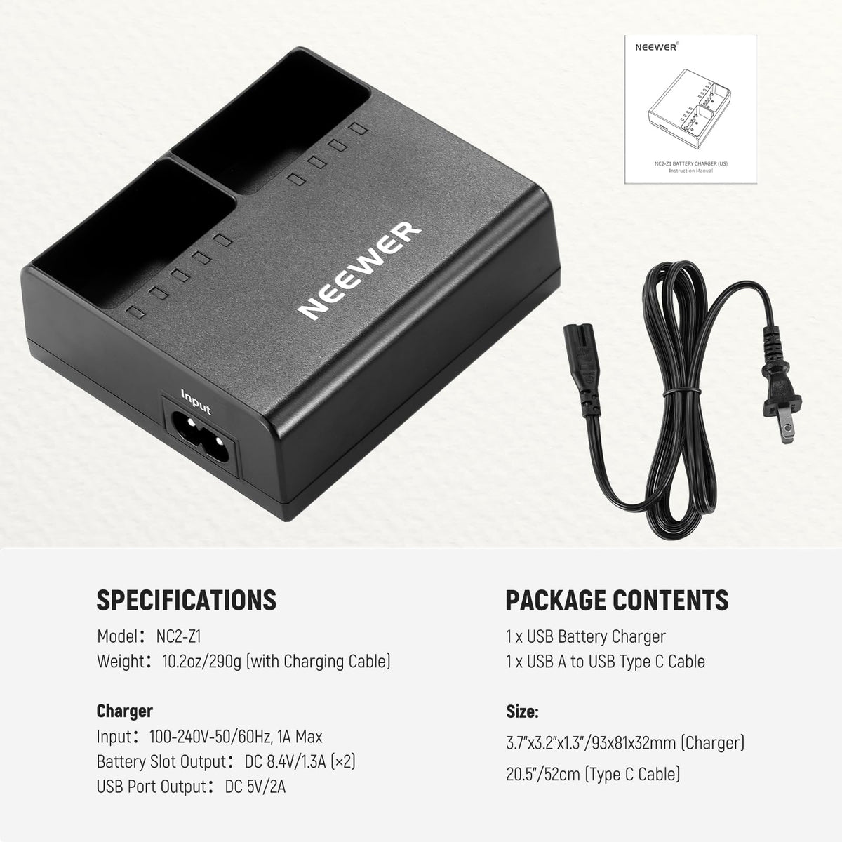 NEEWER NC2-Z1 Kit Cargador Batería Doble Ranura Z3 Z2PRO Z2 Z1 Z880 TTL Speedlite Flash, 7.2V/3000mAh, 7.4V/2600mAh Batería, Salida CC 8,4 V/5 V, Cargador USB CA con Cable CA (Enchufe US)