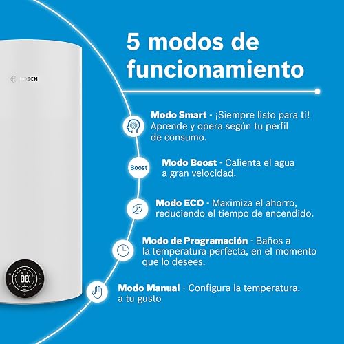 BOSCH, Calentador de agua de depósito Eléctrico, 127V, para 1 regadera, Display Digital SimpeTouch Bosch, 5 modos de uso, compatible con calentadores solares, Capacidad 35L, Modelo Smart Tank