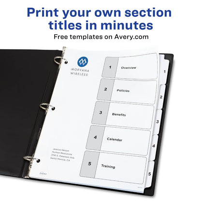 Avery 11821 - Divisores de 5 pestañas para carpetas de 3 anillos, tabla de contenido personalizable, pestañas blancas clásicas, 6 juegos