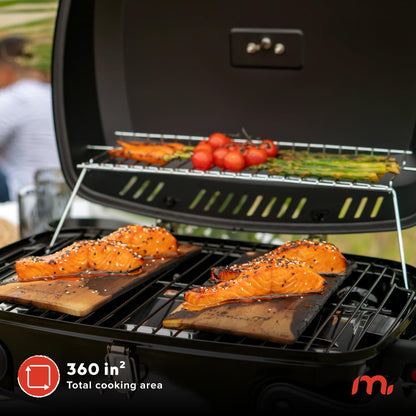 Megamaster 820-0065C 1 quemador portátil de gas para camping, cocina al aire última intervensión, cocina al aire última intervensión, patio, jardín, barbacoa con dos patas plegables, rojo + negro