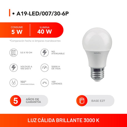 Tecnolite Paquete de 6 Focos LED 5 W A19 -Luz de Día, Base E27, No atenuables